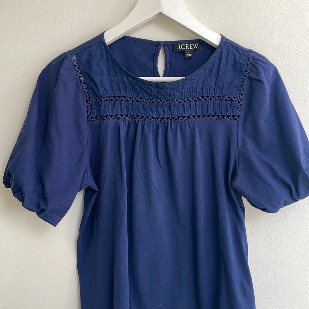 J.Crew Navy Cotton Eyelet Puff Sleeve T-Shirt Top. Size S.